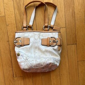 Coach White canvas and Tan leather Designer Tote Bag - Lady bumble bee
